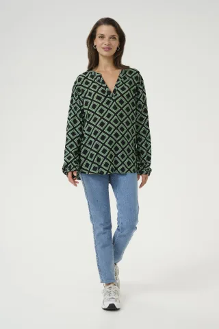 Langarm-Bluse Regular fit Black Deep/Green Geometric black green