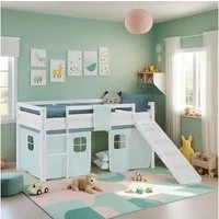 Homestyle4u Hochbett Kinderbett 90x200 Spielbett Kiefer Jungen Weiß Grün Mint Vorhang (Komplett-Set mit Lattenrost, mit Rutsche, mit Matratze mit OEKO-TEX® Standard 100) mit Rausfallschutz, Junge Spielbett