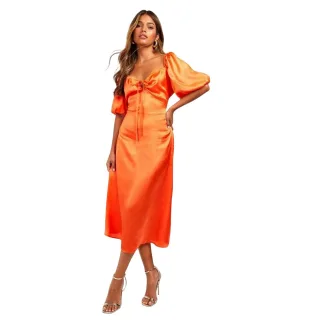 Influence - Midikleid für Damen, Satin, Puffärmel (Orange)