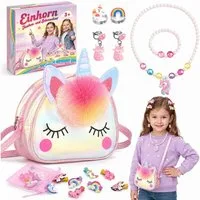 Wootoy Kreativset Einhorn Schmuckset mit Umhängetasche für Kinder Umfangreiches Set, (mit Halskette Armband Ringen Clip-Ohrringen und 10 Haarspangen, 16-tlg., mit dekorativem Pompon und farbenfrohen Einhorn-Details), Einhorn-Tasche als Schultertasche