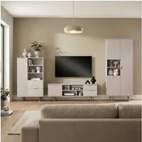 Lomadox Wohnzimmer-Set NADOR-132, (Mega-Spar-Set, 3-St., Lowboard Highboard Vitrine), Kaschmir mit goldfarbenen Metallgriffen und -füßen, Front Rillenoptik