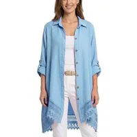 dy_mode Longbluse Damen Oversized Longbluse Musselin Tunika HemdbluseBlusenkleid in Unifarbe, dekorativem Häkel-Saum, Oversize-Passform