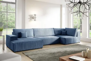 Wohnlandschaft Schlafsofa CORUNIA Stoff Poso Blau Ottomane Links