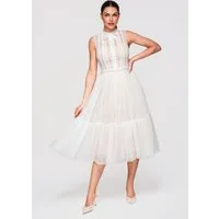 OMBRE Abendkleid Damen Midi Kleid Ausgestellt Elegant Weiß XS (kein Set, 1-tlg) Dekorative Schleife am Ausschnitt, Koronkowy panel