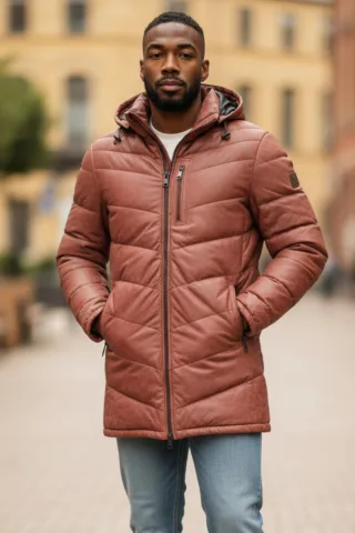 Herren-Steppjacke aus hellbraunem Leder mit Kapuze, Puffer-Wintermantel – Summit