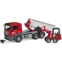 Bruder® Spielzeug-Baumaschine 03767 MAN TGS LKW, (Set, 3-tlg., LKW mit Abrollcontainer + Schäffer Hoflader 2630), Baufahrzeug, rot