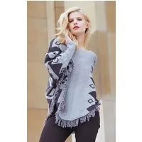 Passioni Strickponcho mit dunkelgrauem geometrischem Muster und Fransen