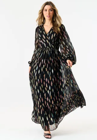 Metallic-Druck Maxikleid mit vollen Ärmeln