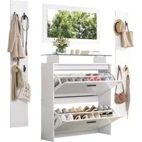 Merax Garderoben-Set 4-teilig mit Spiegel,2 Wandpaneelen,Glasablage,Hochglanz-Schuhschrank, (4-St), Kompakte Flurgarderobe mit 8 Haken, Weiß