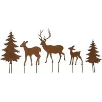 LB H&F Lilienburg Dekofigur Dekofigur 5er SET Hirsch Tanne Deko Metall Rost (Tischdeko Adventskranz Adventskranzstecker Tanne Tannenbaum Weihnachtsbaum Reh Baum Bäume Hirsch Rentier Geweih Rostig dekorieren verzieren selber machen basteln Wohnzimmer 