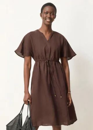 bonprix Kleid aus reinem Leinen, braun, Gr.44, sommerliches Leinen-Kleid mit Raffung in der Taille, aus Leinen