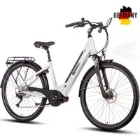 SAXXX E-Bike Trekkingrad Damen & Herren 28'' SAXXX Deluxe SW, 418Wh, max. 100km, 9 Gang Shimano Alivio Schaltwerk, Kettenschaltung, Mittelmotor, 418 Wh, (mit Tiefeinsteiger-Rahmen, mit Rahmenschloss, mit Gepäckträger), 45/50 cm, Pedelec mit Federgabe
