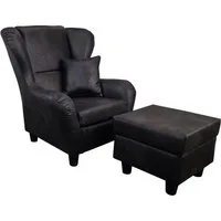 luma-home Ohrensessel 18007 (mit Hocker und Zierkissen, Wellenunterfederung, mit Echtholzfüßen, B90/H98/T76 cm), Lesesessel mit Mikrofaserstoff in Leder-Optik Vintage Schwarz