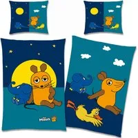 BERONAGE Kinderbettwäsche Die Sendung mit der Maus Nacht Bettwäsche Renforcé / Linon, 100% Baumwolle, 2 teilig, 135x200 + 80x80 cm