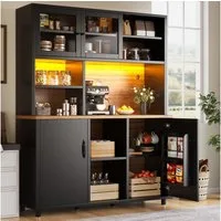 Flieks Küchenbuffet mit LED-Beleuchtung, Glas-Schiebetüren und Türregalen (1-St., B140/T40/H185 cm) Hochschrank Küchenschrank Geschirrschrank mit verstellbare Ablagen