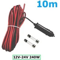 Bolwins D75C 240W 12V/24V KFZ Auto Zigarettenanzünder Stecker 10m Stromkabel Netzkabel, KFZ Zigarettenanzünder-Stecker (12V/24V), Offene Kabelenden (rot = Plus / schwarz = Minus) (1000 cm), Inklusive 2 Sicherungen, hohe Belastbarkeit bis 240W, lange 