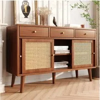 Celya Sideboard Kommode mit 3 Schubladen und 3 Schiebetüren, Rattangeflecht auf den Türfronten