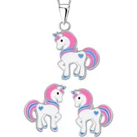 Limana Ohrring und Ketten Set 925 Silber Einhorn Pferde Halskette mit Ohrstecker Kinder Mädchen, Geschenk Schmuckset Einschulung Schulanfang Weihnachten