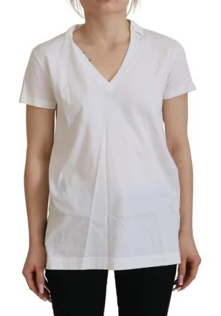 Dolce & Gabbana Weißes Kurzarm-V-Ausschnitt Baumwolltop Damen T-Shirt