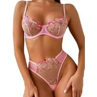 Elegant Love Set: Push-up-BH Bestickter BH & Tüll-Tanga, Transparentes Mesh-Dessous (Set, 2-tlg., mit String, Panty) elegantes Lingerie Sexy Set, Unterwäsche für Frauen
