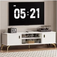 Yorbay Lowboard TV Schrank stehend, für Fernsehen bis zu 65 Zoll, 147cm Breit, Design TV Möbel mit 2 Türen,Metall Beine&Goldener Griffen,Modern Weiß