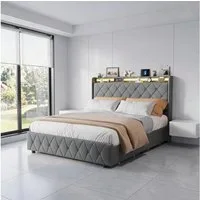 Simurq Polsterbett Polsterbett 160x200 cm Grau mit LED, USB & 4 Schubladen (Set, 1-tlg) (Doppelbett 160x200 mit Lattenrost), Schubladenbett Bettgestell mit Kopfteilstauraum, Samtbezug