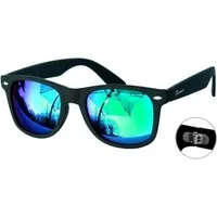 Rennec Sonnenbrille (Retro Markenbrille Schwarz Matt Rubber mit Brillenbeutel) Gläser Grün Blau Verspiegelt 3in2 Bügelgelenke Markenschriftzug