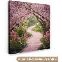 OneMillionCanvasses® Leinwandbild Kirschblüte - Natur - Sakura - Weg - Japanischer Garten, Fotodruck (1 St), Wandbild, Deko Schlafzimmer Wohnzimmer Flur 20x20 cm
