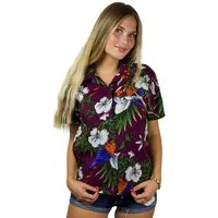 King Kameha Hawaiihemd Cherryparrot Funky Hawaiibluse Damen Kurzarm Front-Tasche Stylish