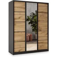 Masseno Schwebetürenschrank NATA 150 cm Kleiderschrank mit Spiegel 3 Türen Eiche Wotan