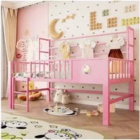 Flieks Kinderbett, Niedriges Hochbett Metallbett 90×200cm mit Netzregal Kleiderstange