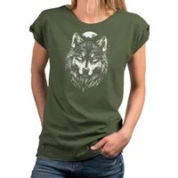 MAKAYA Print-Shirt mit Wolf Motiv für Damen Wolfskopf Viking Wikinger Top (Schwarz, Blau, Grau, Grün, 34, 36, 38, 40, 42, 44, 46, 48, 50) Baumwolle