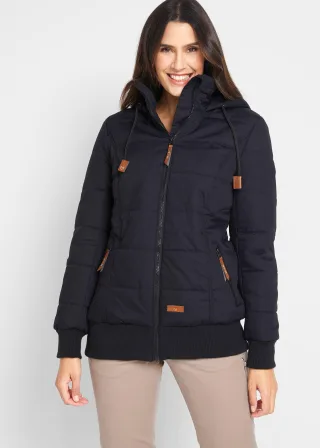 bonprix Outdoorjacke mit Lederimitat-Details, schwarz, Gr.50, Bequeme Steppjacke mit Kapuze, Rippbündchen und Reißverschlusstaschen, gefüttert, 100% Baumwolle