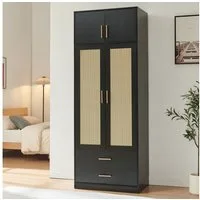 en.casa Kleiderschrank »Larundi« 216 x 80 x 52 cm 4 Türen 2 Schubladen Schwarz/Rattanoptik