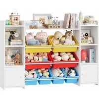Homfa Spielzeugtruhe, Kinderregal Bücherregal Spiegelregal mit 8 Boxen weiß 138x29x94 cm