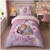 Familando Kinderbettwäsche Unicorn Academy, 100% Baumwolle, Rosa Violett mit Einhorn für Mädchen, Renforcé, 2 teilig, 135x200 80x80cm mit Reißverschluss, Wendebettwäsche