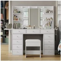 Yanosaku Schminktisch mit Spiegel & Beleuchtung, 11 Schubladen, 12 LED Make-up Tisch (1-St), integrierter Ladestation und PU-Schminkhocker