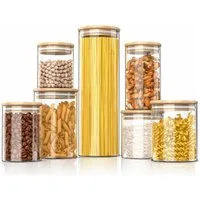 Arendo Aufbewahrungsbecher Glasbehälter-Set 0,56 bis 2,35L Borosilikat rund mit Bambusdeckel, Borosilikatglas, Bambus, Silikon, (Vorratsbehälter-Set, 7-tlg., 7er Set), Hitzebeständig, luftdicht, mikrowellengeeignet und spülmaschinenfest