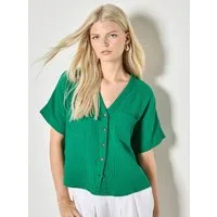 Apricot Blusentop Strukturierte Bluse mit V-Ausschnitt Einfarbig