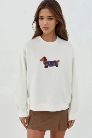 Übergroßer Rundhalsausschnitt Bestickter Baumwollpullover