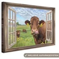 OneMillionCanvasses® Leinwandbild Durchblick - Kuh - Wiese - Landschaft - Tiere, Fotodruck (1 St), Leinwand Bilder Klein, Wand Dekoration Aesthetic 30x20 cm