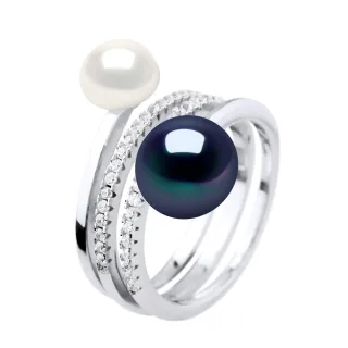 Ring DUO Süßwasserperlen 7 und 9 mm Schwarz und Weiß Schmuck 925