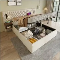 Flieks Polsterbett, Hydraulisches Doppelbett 180×200cm 2 Nachttische Leselicht USB-Laden