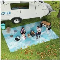Outsunny Outdoorteppich wendbarer robuster Wetterfest Outdoor Teppich mit Tragetasche, rechteckig, Höhe: 0.3 mm, für Balkon Garten Terrasse Bad Flur Küche 274 x 182 cm Hellblau+Weiß