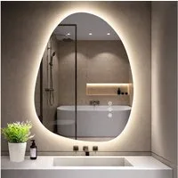 GIMBELEN Badspiegel Asymmetrischer Badezimmerspiegel mit LED-Beleuchtung, dimmbar, Antibeschlag, IP44, Touch-Schalter, Memory-Funktion