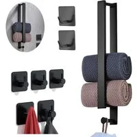 SURFOU Handtuchhalter Handtuchstange Ohne Bohren schwarz Selbstklebender mit 7 haken für Bad, Rostfrei 304 Edelstahl, mit kleber, 40 cm, für Badezimmer, Küche