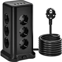 neue dawn 12 Fach Mehrfachsteckdose mit 4 USB Steckdosenturm Steckdosenleiste Mehrfachsteckdose 12-fach (mit überspannungsschutz, Kabellänge 2 m), Ein-/Ausschalter,Mehrfachsteckdose,Verlängerungskabel,Schwarz