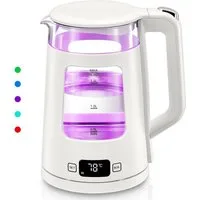FOHERE Wasserkocher aus Glas mit Temperatureinstellung und 5 LED, 1.7 l, 2200 W, aus hochwertigem Edelstahl, Borosilikatglas & BPA-freiem Kunststoff