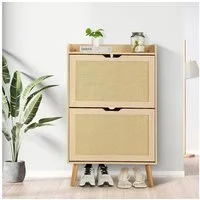 GarveeMore Schuhschrank mit 2 Klappschubladen aus Rattan und Kippschutz für Eingang,Flur Versteckter Schuhkommode,Stauraum für 12–15 Paar Schuhe, MDF-Rahmen