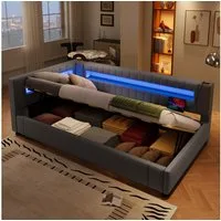 MODFU Schlafsofa Polsterbett, mit USB-C, hydraulischem Bettkasten & 7-Farben-Licht 90x200cm, ohne Matratze